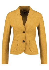 Chaqueta de mezcla de lana en color mostaza con cuello con muesca, cierre de botón único y dos bolsillos frontales. Diseño ligeramente ajustado.
