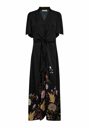 Zwarte midi-jurk met korte mouwen, geplooide kraag, strikdetail aan de voorkant en een meerkleurige bloemenprint langs de zoom en de onderste rok.