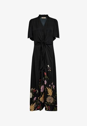 Vestido midi negro con mangas cortas, cuello con volantes, detalle de lazo delantero y estampado floral multicolor a lo largo del dobladillo y la parte baja de la falda.