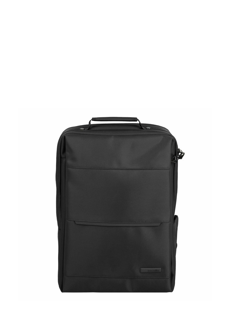 Zwarte rechthoekige rugzak van stof, met een voorvak met ritssluiting, een handvat aan de bovenkant en twee zijcompartimenten voor extra opbergruimte.