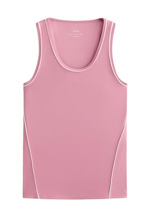 Top senza maniche di colore rosa, realizzato in tessuto morbido, con dettagli bianchi lungo le aperture delle maniche e i lati, e un colletto tondo.