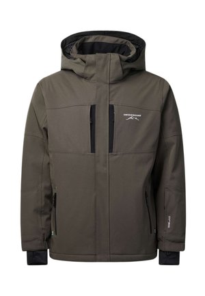 Veste d'hiver à capuche Swedemount verte avec poches zippées à l'avant et logo sur la poitrine et la manche.