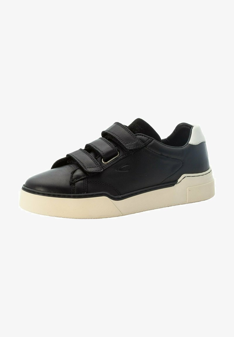 Black leather sneaker with two Velcro straps, white rubber sole, rounded toe, and smooth textured upper. Side accent in white.