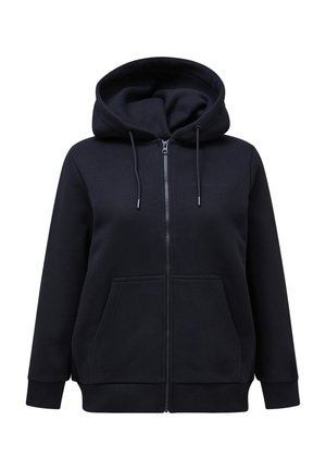 Felpa nera con zip, cappuccio regolabile con stringhe, tasche frontali e polsini a coste. Realizzata in un tessuto morbido e spesso con una texture liscia.