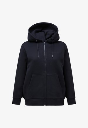 Felpa nera con zip, cappuccio regolabile con stringhe, tasche frontali e polsini a coste. Realizzata in un tessuto morbido e spesso con una texture liscia.