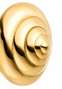 Goldene Schneckenhausgestaltung, glatte und glänzende Oberfläche mit geschichteten Rillen, konische Form und hervorstehender Mitte.