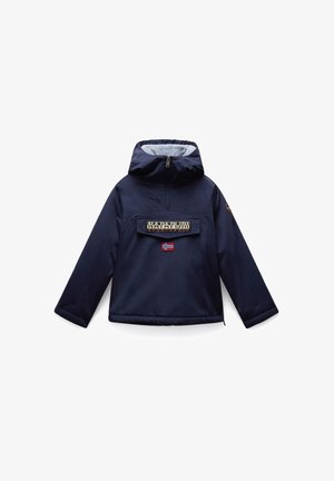 Navy blue insulated jacket with a hood, front pocket, and zip closure. Features a logo patch and a Norwegian flag accent. Smooth texture.