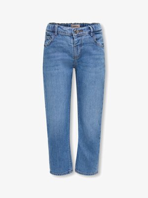 Jean droit bleu clair pour enfants avec taille élastique, fermeture à bouton et poches avant et arrière.