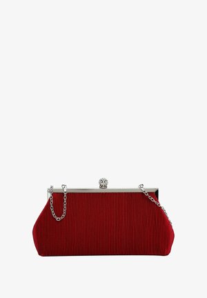 Czerwona plisowana kopertówka z metalową ramą w kolorze srebrnym i łańcuszkiem. Posiada dekoracyjny zamek z kryształkami. Gładka tekstura, usystematyzowany kształt.