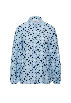 Lichtblauwe button-up shirt met een geometrisch patroon en marineblauwe accenten. Lange mouwen met elastische manchetten en een klassiek kraagontwerp.