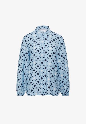 Lichtblauwe button-up shirt met een geometrisch patroon en marineblauwe accenten. Lange mouwen met elastische manchetten en een klassiek kraagontwerp.