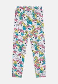 Leggings en tissu doux et élastique avec un motif de licorne coloré mettant en avant des détails roses, jaunes et bleus sur un fond blanc.