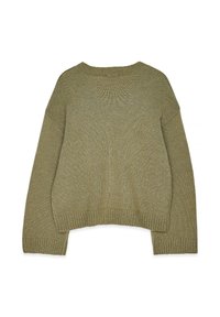 Tamsiai žalia megzta palaidinė su apvaliu iškirpimu, nusileidusia pečių linija ir raukiniais ant rankovių bei apačios. Minkšta tekstūra su storu dizainu.