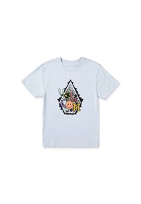 Helles blaues Baumwoll-T-Shirt mit einem mehrfarbigen Grafikdesign, das eine Tropfenform, ein lächelndes Gesicht sowie verschiedene Buchstaben und Muster zeigt.