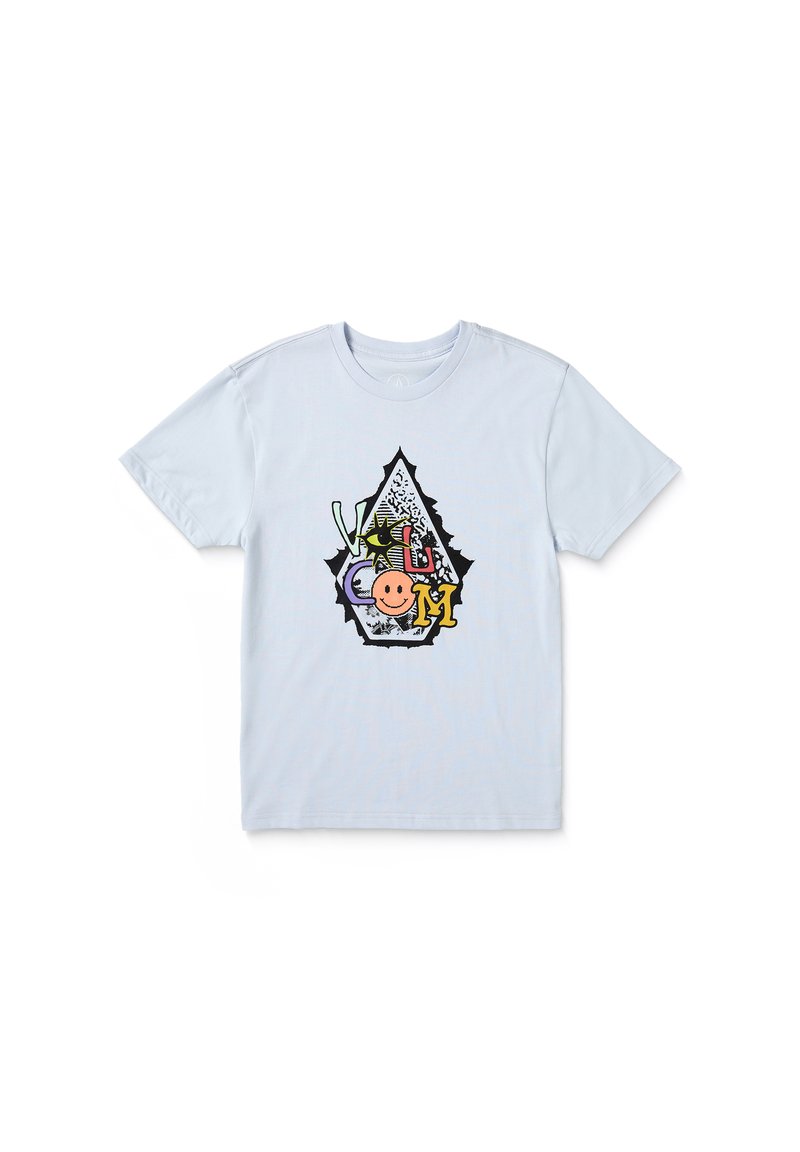 Helles blaues Baumwoll-T-Shirt mit einem mehrfarbigen Grafikdesign, das eine Tropfenform, ein lächelndes Gesicht sowie verschiedene Buchstaben und Muster zeigt.