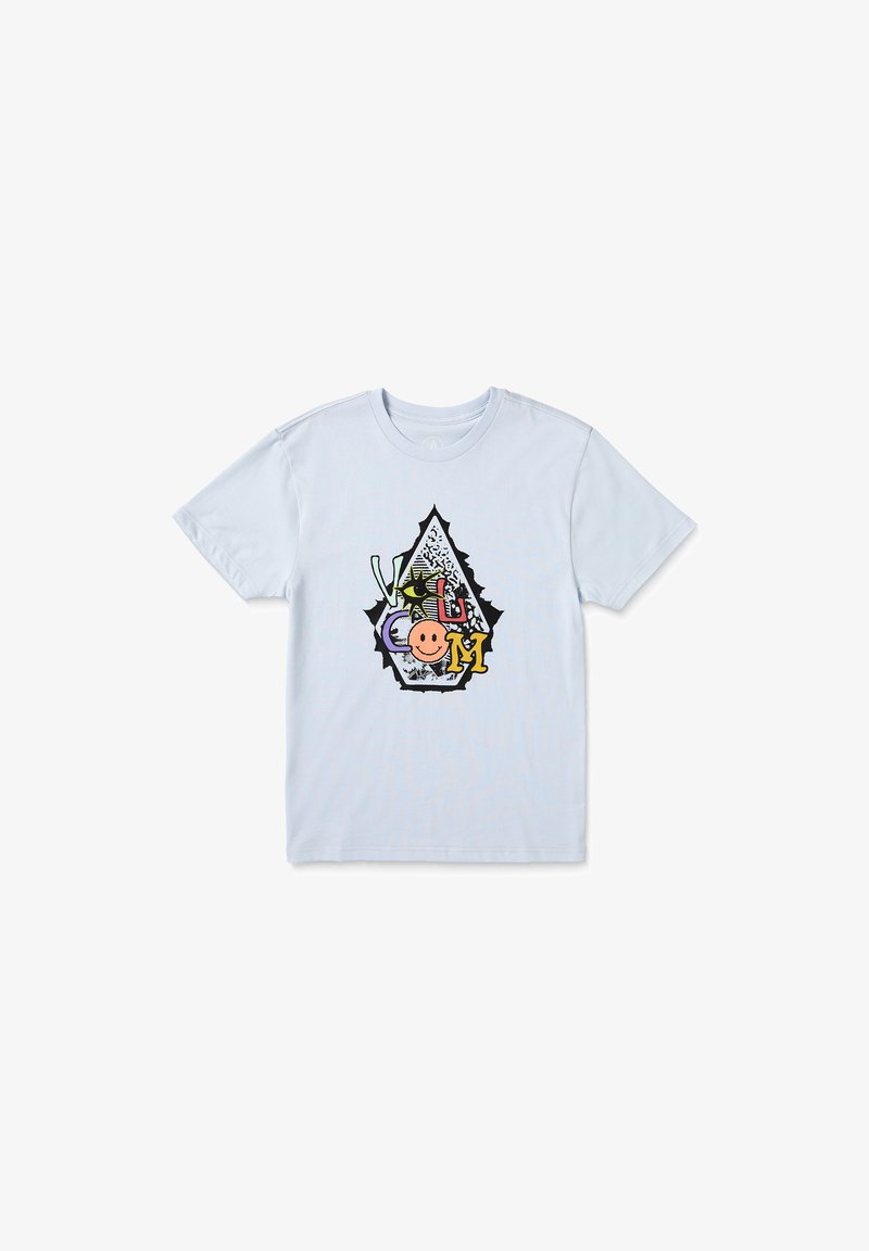 Camiseta de algodón de color azul claro con un diseño gráfico multicolor que incluye una forma de gota, una cara sonriente y varias letras y patrones.