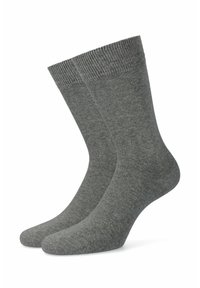 Szare skarpetki wykonane z miękkiej, teksturowanej tkaniny. Posiadają ściągacz na końcu, gładką część główną oraz standardowy kształt skarpetki. Brak widocznych wzorów czy akcentów.