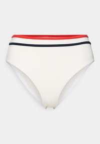 Λευκό κάτω μέρος μπικίνι με σχεδιασμό ψηλής μέσης, με κόκκινες και ναυτικές ριγέ λεπτομέρειες στη μέση. Λείο υφασμάτινο υλικό.