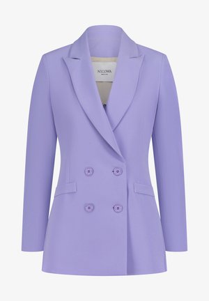 Lavendel dubbelzijdig blazer met pieklapels, twee voorzakken en bijpassende knopen. Gemaakt van geweven stof, gestructureerde pasvorm.