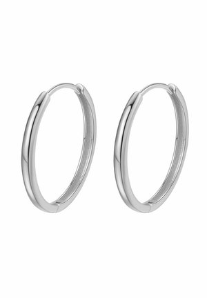 Srebrne kolczyki w kształcie obręczy z polerowanym wykończeniem, zaokrąglonym kształtem i gładką fakturą. Prosty design z bezpiecznym mechanizmem zapięcia.