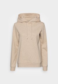 Ljusbeige hoodie tillverkad av mjukt tyg. Har långa ärmar, en rymlig huva och justerbara dragsnören med framficka.