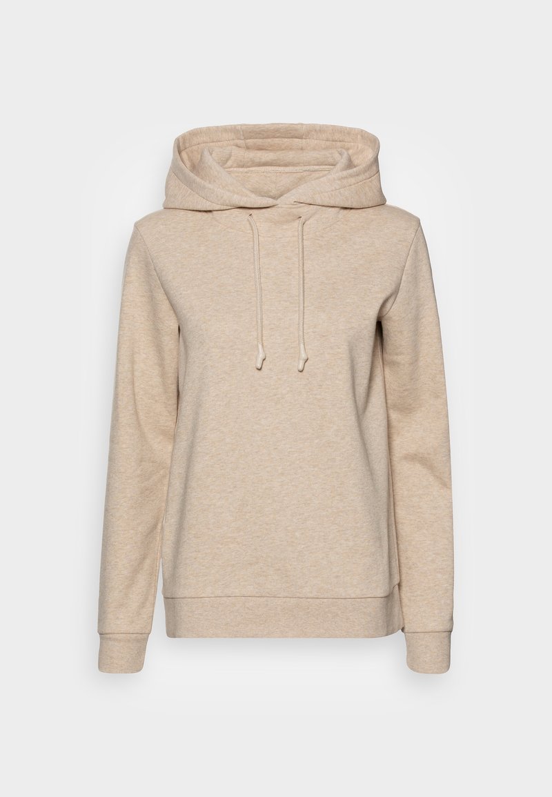 Ljusbeige hoodie tillverkad av mjukt tyg. Har långa ärmar, en rymlig huva och justerbara dragsnören med framficka.