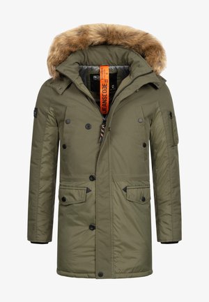 Olijfgroene parka jacket met een met bont gevoerde capuchon, ritssluiting en meerdere zakken. Heeft een textuurstof met een gestikte ontwerp.