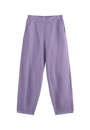 Pantalones sueltos color lavanda con cintura elástica y bolsillos laterales, confeccionados con tela ligera, mostrados planos sobre un fondo blanco.