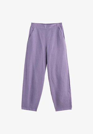 Pantalones sueltos color lavanda con cintura elástica y bolsillos laterales, confeccionados con tela ligera, mostrados planos sobre un fondo blanco.