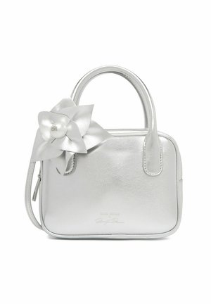 Small silver handbag with rounded handles, a side zipper, and a large decorative flower with a pearl center on the front left side.