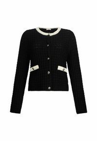 Schwarzer Strickcardigan mit Rundhalsausschnitt, Knopfverschluss und zwei weißen Akzenttaschen mit silbernen Knöpfen. Strukturierter Stoff.