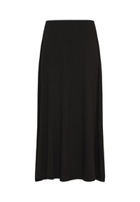 Črna maxi krila iz mehkega, raztegljivega materiala. Ima elastičen pas in tekoč dizajn z gladko teksturo. Brez vidnih vzorcev.