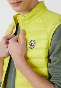 Limoengroene donzen bodywarmer met doorgestikt ontwerp, een ritssluiting aan de voorkant en een geborduurd merkembleem op de borst. Draagt als laag over een grijs shirt.