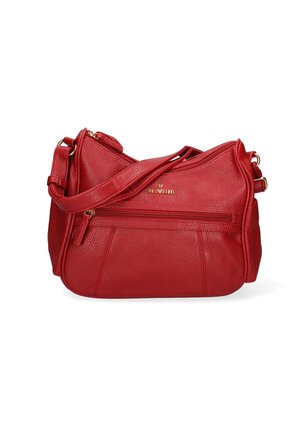 Rote Lederhandtasche mit strukturierten Oberflächen, goldenen Akzenten und einem Reißverschlussfach. Sie verfügt über einen umhängbaren Gurt für vielseitige Trageoptionen.