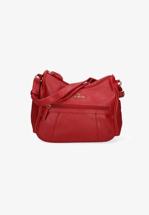 Borsa a tracolla in pelle rossa con superficie testurizzata, dettagli dorati e scomparto con zip. Presenta una tracolla per un uso versatile.