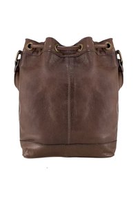 Borsa a secchiello in pelle marrone con finitura testurizzata, chiusura a coulisse e dettagli in metallo. Base rotonda e forma morbida e morbida.