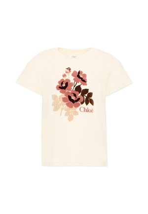 T-shirt à manches courtes crème avec motif floral rose et marron et logo "Chloé" sur le devant.