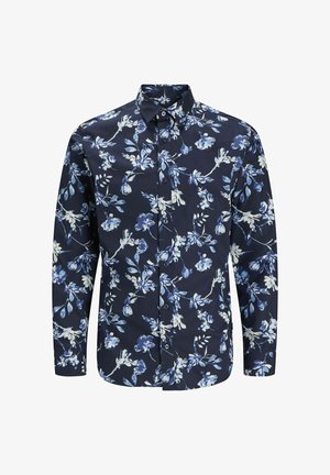 Tamsiai mėlynas marškiniai su mygtukais, puoštas baltais ir mėlynais gėlių raštais, su apykakle, ilgomis rankovėmis ir mygtukų uždarymu. Minkšta audinio tekstūra.