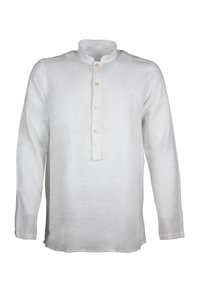 Witte linnen shirt met een bandkraag, lange mouwen en een sluiting met vijf knopen. Glad textuur en lichtgewicht stof.