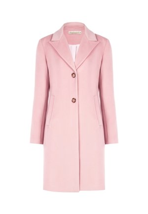Rosa langer Wollmantel mit Reverskragen, zwei Vorderknöpfen und seitlichen Taschen, vor einem weißen Hintergrund präsentiert.