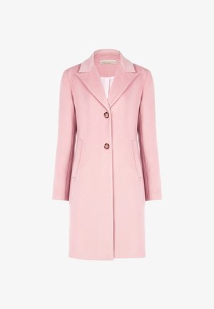 Cappotto lungo rosa in lana con rever, due bottoni frontali e tasche laterali, mostrato su uno sfondo bianco.