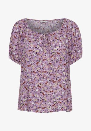 Blusa floreale viola con maniche corte a puff, scollatura arricciata con coulisse e un tessuto leggero e morbido con un motivo texturizzato.