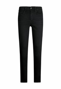 Fekete farmernadrág, slim fit szabás, öt zsebbel és cipzáras záródással. Finom varrásokkal és enyhén kopott hatással rendelkezik.