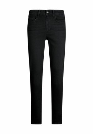 Črne jeans hlače s ozkim krojem, petimi žepi in zadrgo. Imajo subtilno šivanje in rahlo zbledel videz.