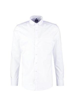 Witte lange mouwen heren overhemd met button-down kraag en knoopsluiting aan de voorkant op een plain witte achtergrond.