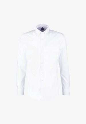 Witte lange mouwen heren overhemd met button-down kraag en knoopsluiting aan de voorkant op een plain witte achtergrond.
