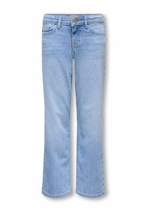 Jean en denim bleu clair avec une coupe droite, poches avant, passants de ceinture et fermeture à bouton à la taille.