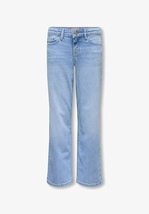 Vaaleansiniset farkut suoralla lahkeella, etutaskuilla, vyölenkeillä ja napillavälillä vyötäröllä.