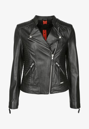 Musta nahkainen moottoripyörätakki, jossa on viisto vetoketju, kulmikkaat taskut vetoketjulla, urheilulliset olkaosuudet ja nepparihalkio kauluksessa.