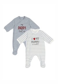 Due tute le tutine per bambini: una grigia con la scritta rossa "il mio PAPA' mi ama," e una bianca e grigia a righe con "TI ❤️ AMO tanto MAMMA!!!"